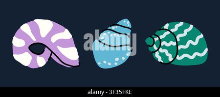 Sea shells vector illustration with wavy pattern on dark background. Hand drawn colorful nautilus and spiral seashells icons collection Stock Vector