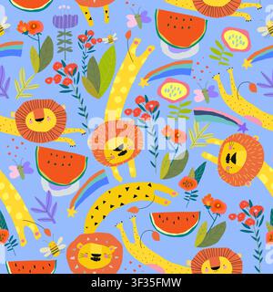 Seamless Pattern With Cute Cartoon Lions, Flowers and Watermelon Stock Vector