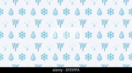 Cute winter-themed seamless pattern featuring flat design snowflakes, dripping icicles, and water drops on a light blue background. Stock Vector