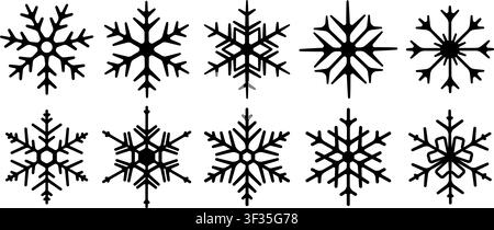 Snowflakes black and white doodle design elements and winter decorations set isolated on white Stock Vector