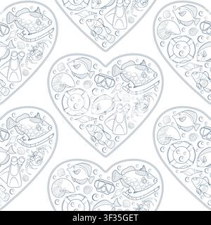Marine seamless pattern with objects in the shape of a heart. Isolated vector objects. Stock Vector