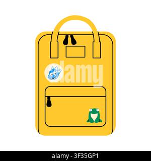 Cute yellow school backpack with frog sticker Stock Vector