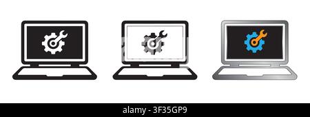 Laptop computer settings icon with gear and wrench symbol variation set Stock Vector