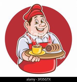 Funny cartoon chef character in red uniform holding a tray with hot coffee and donuts. Perfect for bakery logo, cafe mascot, restaurant branding, brea Stock Vector