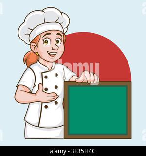 Cartoon illustration of a smiling female chef in uniform holding a blank board for text or menu. Perfect for restaurant promotions, cooking themes, fo Stock Vector