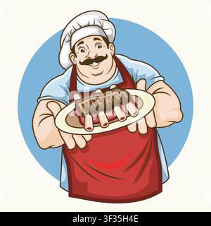 Cheerful Chef Character Presenting Plate of Delicious Grilled BBQ Ribs Stock Vector