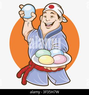 Cheerful Japanese Baker with Assorted Milk Buns Stock Vector