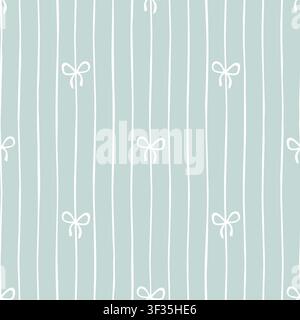 Seamless pattern with white hand drawn bows and vertical stripes on blue background. Cute textile print for wrapping paper, nursery decor and baby clothing. Blue shower lines for baby boys Stock Vector