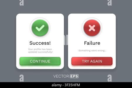 Success and Failure Pop-up UI Messages. Modern interface elements with icons and buttons for web and app design. Vector illustration Stock Vector