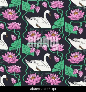 Vintage seamless pattern with art deco style hand drawn white swan and pink water lily flowers Stock Vector