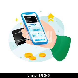 Smartphone displaying online banking application with a credit card and coins. Concept for mobile digital payment, financial technology, new electroni Stock Vector