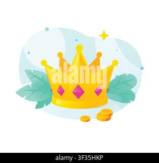 Golden crown and coins vector illustration. Royal crown icon on abstract background with green leaves, symbolizing financial success, business leaders Stock Vector