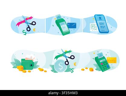 Digital banking, cashless payment, and business launch horizontal banners set vector illustration. POS terminal transaction, QR code scan, wallet, and Stock Vector