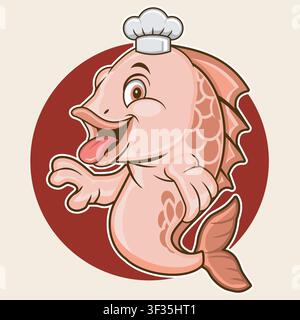 Cartoon fish mascot wearing a chef hat, fun seafood restaurant logo concept, culinary character for menu design, mascot branding, food business, and k Stock Vector
