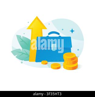Flat vector illustration of a blue business briefcase with gold coins and a rising yellow arrow. Concept of investment portfolio growth, financial suc Stock Vector