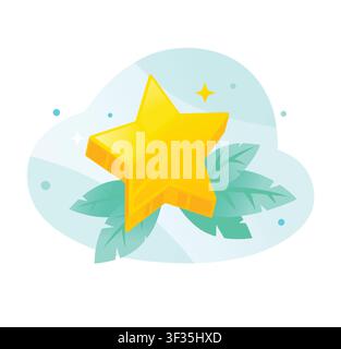 Golden star award vector illustration. Shining yellow star icon on abstract background with green leaves, symbolizing business success, premium qualit Stock Vector