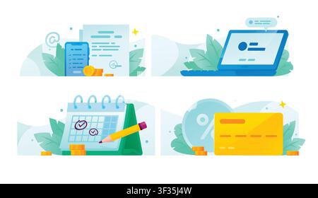 Online banking and financial planning banners set vector illustration. Digital payment schedule calendar, user profile login on laptop, credit card, Stock Vector