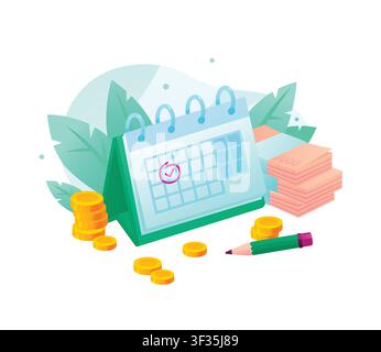 Desktop calendar with marked date, cash stacks, and gold coins. Concept of payday reminder, tax payment due date, monthly budget planning, and financi Stock Vector