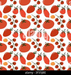 Vibrant seamless vector pattern featuring whole red tomatoes, elongated plum tomatoes, yellow cherry tomatoes on vines, and green sepals. Stock Vector