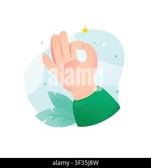 Flat vector illustration of a human hand showing the OK gesture. Concept of approval, successful transaction, positive agreement, and excellent servic Stock Vector