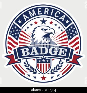 Vector illustration of a patriotic American round badge featuring an eagle head, stars, stripes, and national colors. Stock Vector