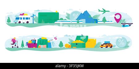 Travel and shopping cashback program horizontal banners set vector illustration. Credit card rewards for vacation booking, transport, retail shopping, Stock Vector