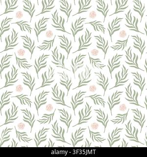 Seamless pattern with green leaves and pink peony roses on a white background. Vintage botanical print. Floral print for decor, textiles, wrapping paper, wallpaper, and fabrics. Stock Vector