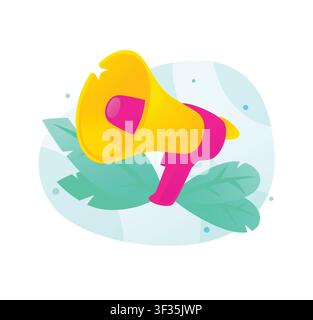 Megaphone vector illustration. Yellow and pink loudspeaker icon on abstract background with green leaves, symbolizing business marketing, promo announ Stock Vector
