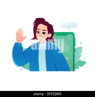 Flat vector illustration of a smiling woman waving hello next to a smartphone. Concept of online support, mobile chatting, and friendly greeting. Perf Stock Vector