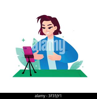 Flat vector illustration of a female blogger recording video on a smartphone with a tripod. Concept of content creation, streaming, and online webinar Stock Vector