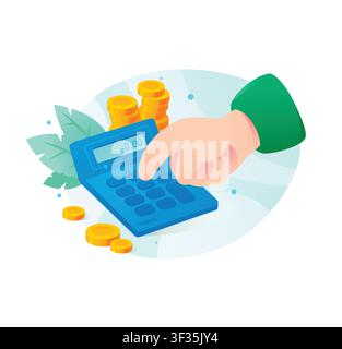 Financial accounting and budget planning vector illustration. Hand using a blue calculator next to stacks of golden coins, symbolizing calculation, ta Stock Vector