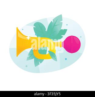 Golden vintage car horn or klaxon vector illustration. Brass signal icon with pink rubber bulb on abstract background with leaves, symbolizing busines Stock Vector