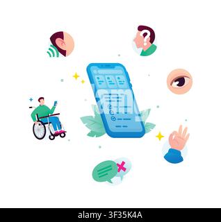Accessible mobile app interface for users with disabilities vector illustration. Inclusive digital technology for people with visual, hearing, and phy Stock Vector