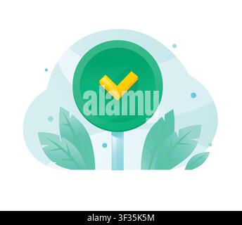Green check mark sign vector illustration. Round approval icon on abstract backdrop with leaves, symbolizing business success, approved transaction Stock Vector