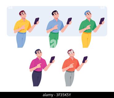 Flat vector illustration of a young man holding a smartphone, looking up and thinking. Character set with multi-colored clothes. Perfect for app desig Stock Vector