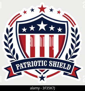 Star-spangled shield emblem decorated with a laurel wreath and a ribbon banner in traditional American colors. Stock Vector