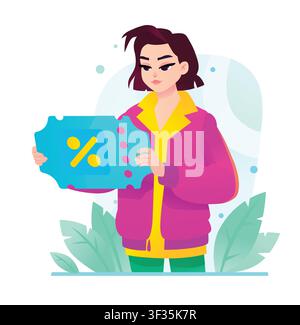 Young woman holding a big discount coupon or voucher with percentage sign vector illustration. Smart shopping, promotional code, retail sale, and loya Stock Vector