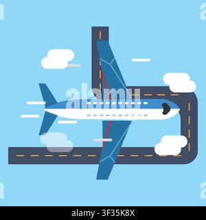 Top view of an airplane landing on an airport runway with clouds, representing aviation, air travel, transportation, flight operations, and tourism. Stock Vector