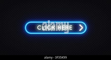 Neon blue glowing Click Here button with arrow on dark transparent background. Vibrant rounded CTA element for website, banner or digital advertising Stock Vector