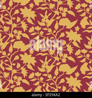 Chintz seamless pattern with hand drawn golden chinoiserie flowers and leaves on burgundy background. Floral wallpaper with monochrome orintal folk Stock Vector