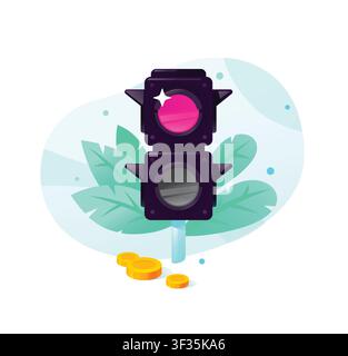 Red traffic light and coins vector illustration. Red signal icon on abstract background with leaves, symbolizing financial risk management, stop loss Stock Vector