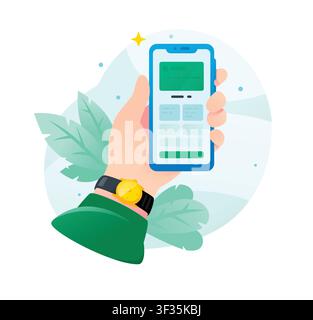 Hand with a gold watch holding a smartphone with a green bank card interface. Concept of mobile banking applications, digital wallet payments, and onl Stock Vector