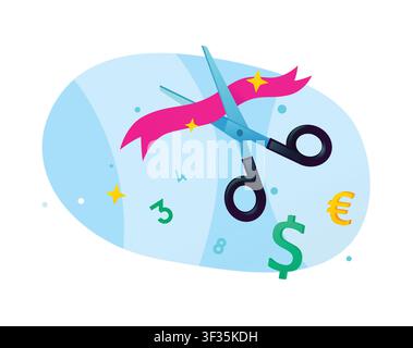 Scissors cutting pink ribbon with dollar and euro currency symbols vector illustration. Grand opening, financial startup launch, price reduction, or b Stock Vector