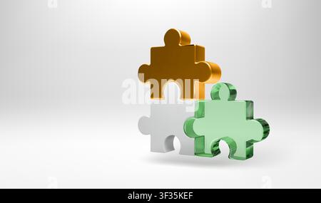 Three 3D puzzle piece, golden, green glass plastic icon. Isometric jigsaw render with yellow metal. Think, connect solve problem. Join matching parts Stock Vector