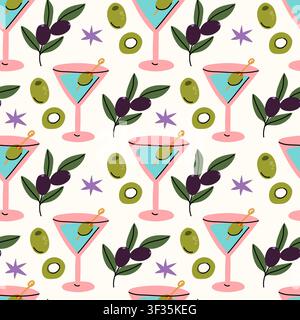 Fun and modern seamless vector pattern featuring martini cocktail glasses with olive skewers, green olive branches, and black olives. Stock Vector