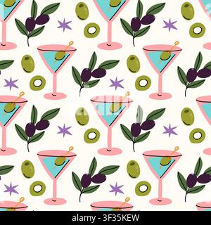 Fun and modern seamless vector pattern featuring martini cocktail glasses with olive skewers, green olive branches, and black olives. Stock Vector