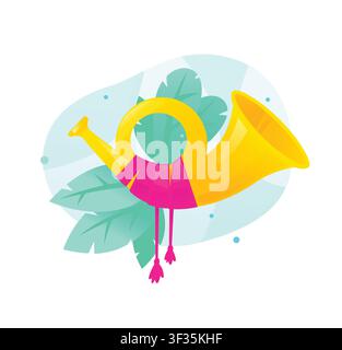 Golden post horn or trumpet vector illustration. Brass instrument icon on abstract background with green leaves, symbolizing business news announcemen Stock Vector