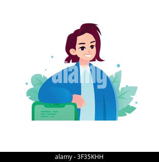 Confident woman leaning on a smartphone. Concept of modern business, mobile app user, and corporate manager. Perfect for tech websites, presentations, Stock Vector