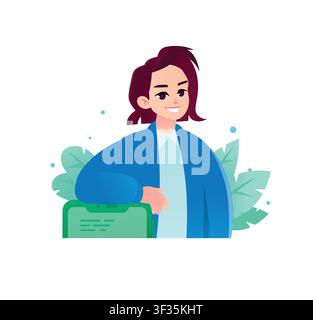 Confident woman leaning on a smartphone. Concept of modern business, mobile app user, and corporate manager. Perfect for tech websites, presentations, Stock Vector