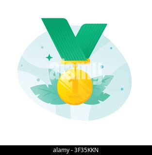 Gold medal for first place vector illustration. Shining golden award icon with green ribbon on abstract background, symbolizing business success, fina Stock Vector
